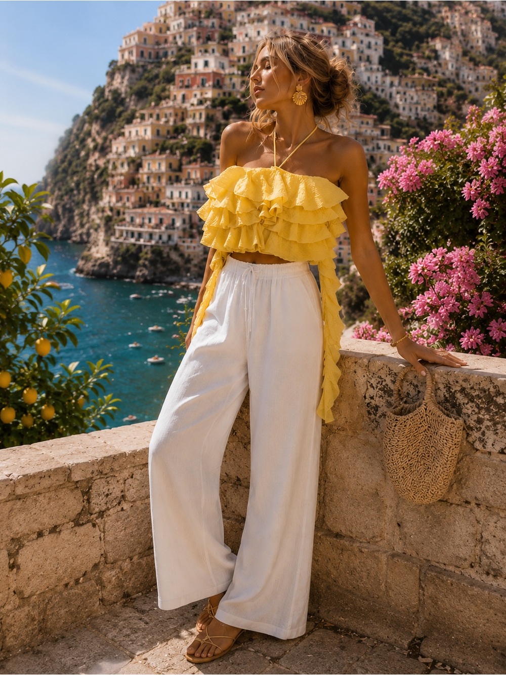 NWT Zara Yellow Ruffle Halter Crop Top